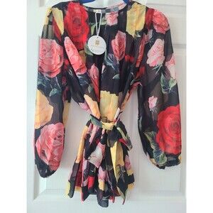 New Fairy Cottagecore Floral Rose Print Flowy Sleeve Sheer Cape Poncho Top M
